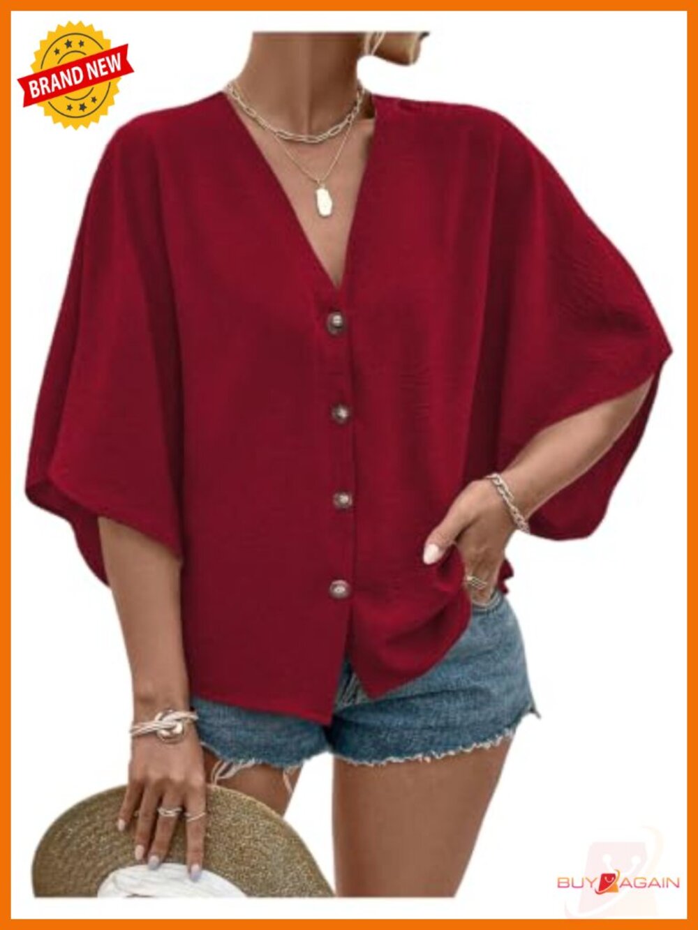 Plus Size V Neck Button Front Blouse Half Sleeve Loose Top